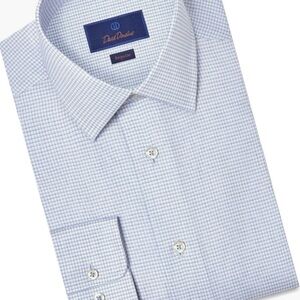 David Donahue Men's 16 34/35 Slim Fit Dress Shirt Light Blue Micro Check Cotton